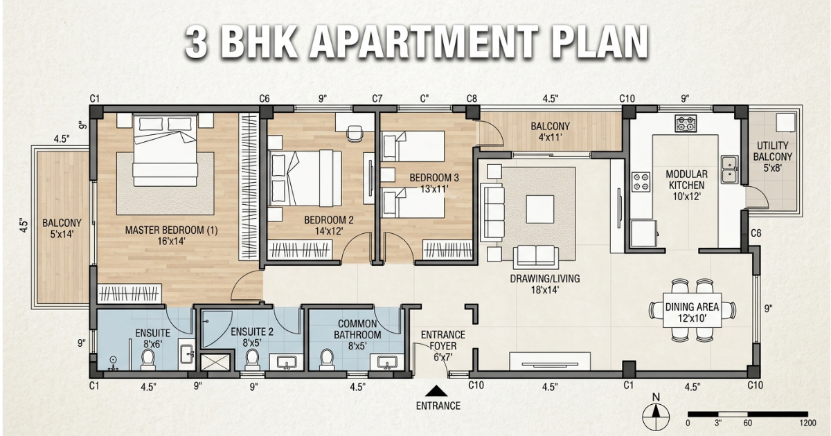 3BHK apartment Plan