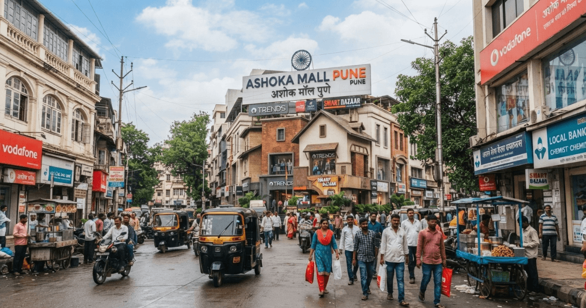 Ashoka Mall Pune entrance with shoppers and storefronts