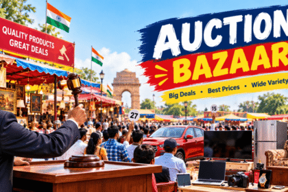 "Crowd bidding at busy Auction Bazaar marketplace stalls"