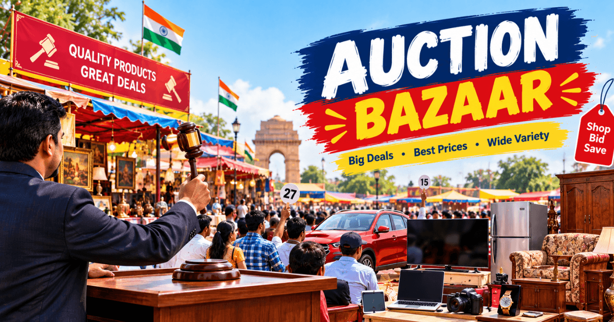 "Crowd bidding at busy Auction Bazaar marketplace stalls"