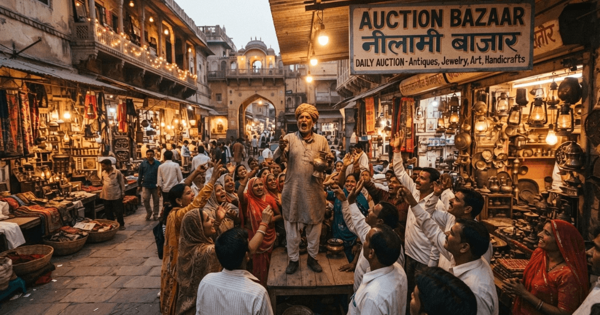 "Auction Bazaar banner with antique items on display"