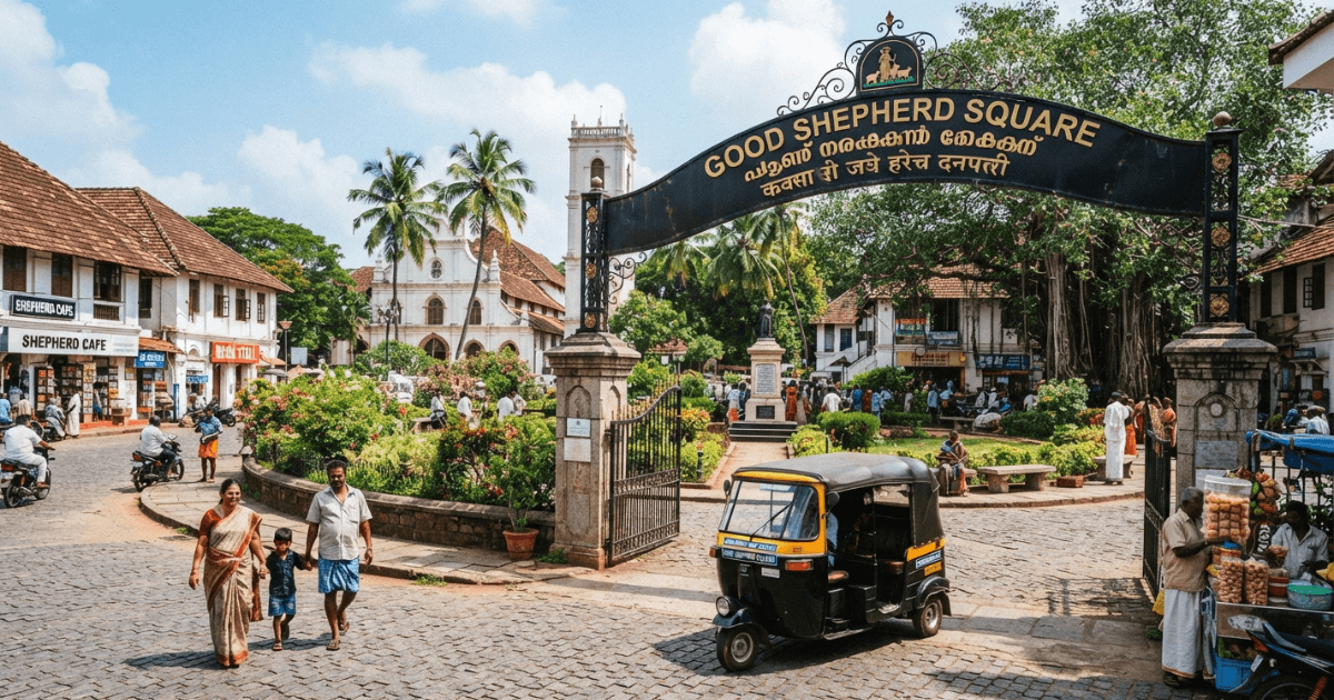 Good Shepherd Square entrance featuring landscaped walkways and benches