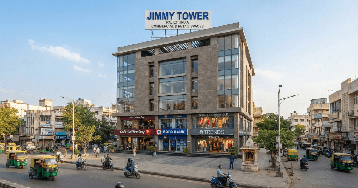 Front view of Jimmy Tower Rajkot building exterior