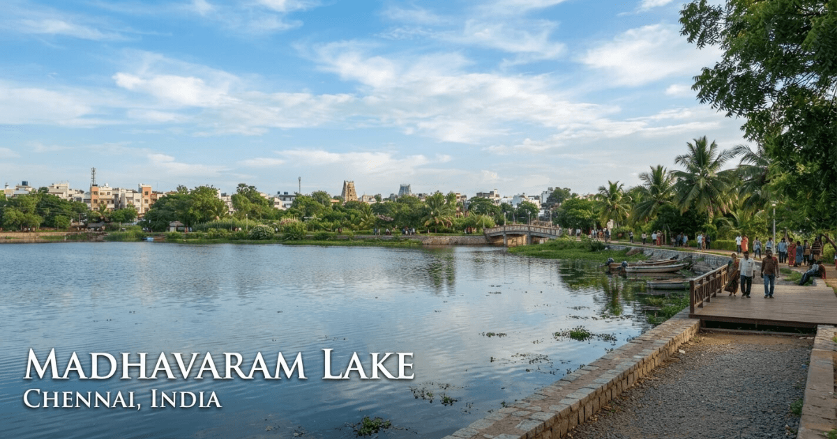 Madhavaram Lake shimmering under soft golden evening sunlight