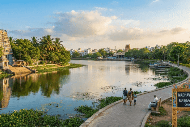 Birds gathering near Madhavaram Lake's calm green waters