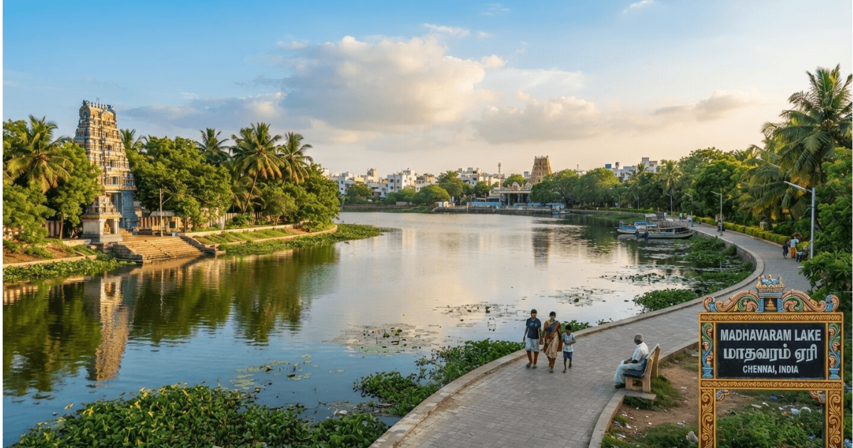 Birds gathering near Madhavaram Lake's calm green waters