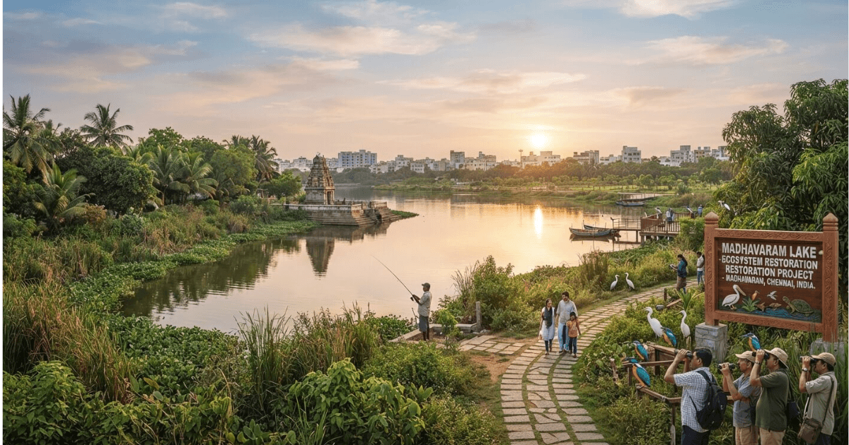 Scenic Madhavaram Lake surrounded by lush walking pathways
