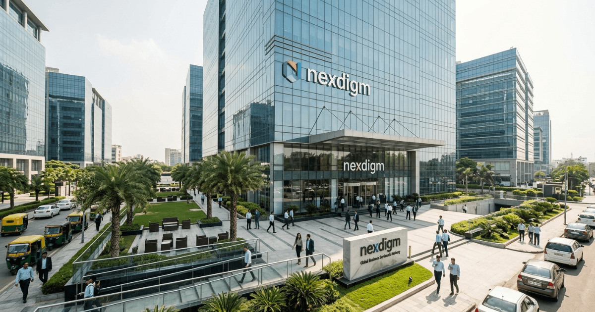 Nexdigm office building showcasing corporate identity and brand presence