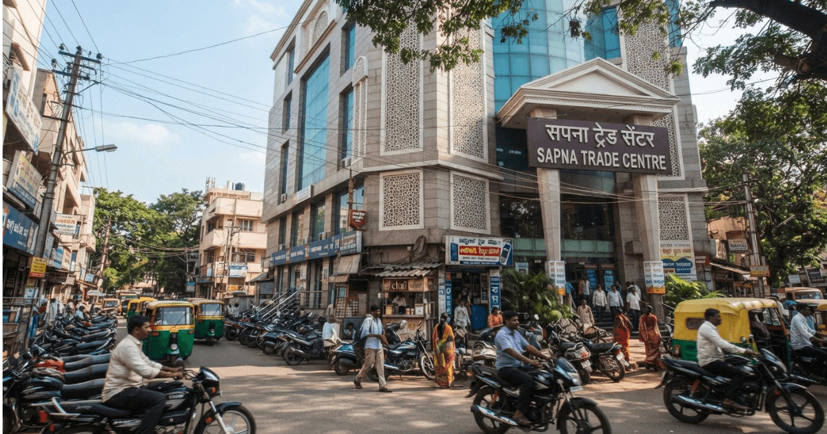 Shoppers browsing goods inside Sapna Trade Centre market
