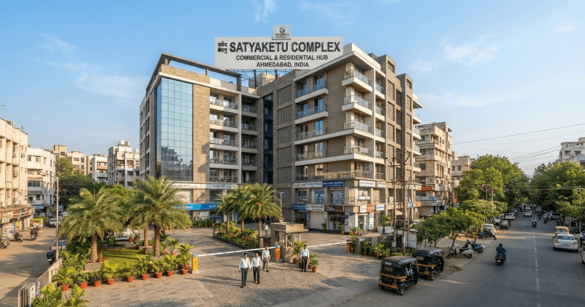 Front view of Satyaketu Complex residential apartment building